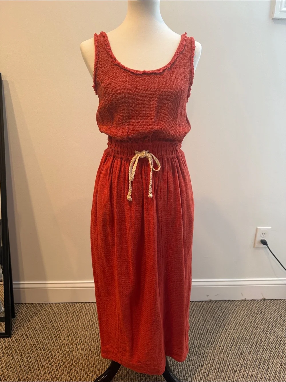 Free People Women’s Sleeveless Rust Midi Dress with Drawstring Waist & Pockets